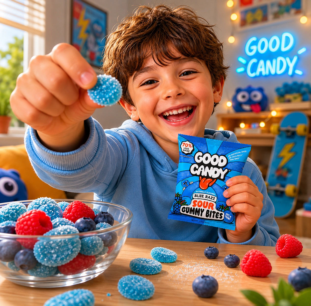 Smiling child holds up a Good Candy Blue Razz sour gummy bite beside a bowl of berries.