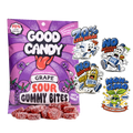 Good Candy grape bag with sugar-coated purple low sugar gummy candy and stickers reading 70% less sugar, no artificial dyes, no seed oils, and non-GMO