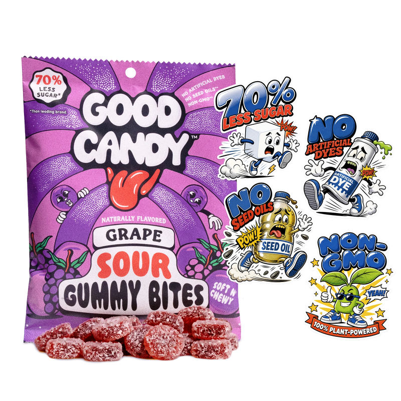 Good Candy grape bag with sugar-coated purple low sugar gummy candy and stickers reading 70% less sugar, no artificial dyes, no seed oils, and non-GMO