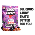 Good Candy grape bag with grape gummies and whole grapes beside the words Delicious candy that's better for you