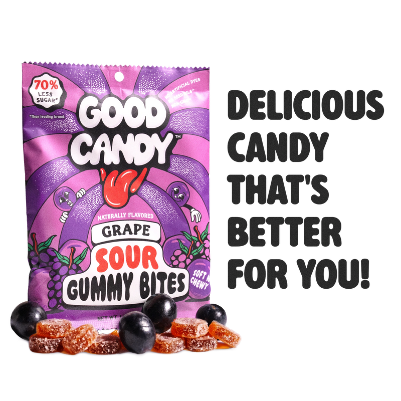 Good Candy grape bag with grape gummies and whole grapes beside the words Delicious candy that's better for you