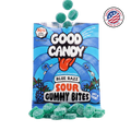 Teal blue raspberry gummies spilling out of an open Good Candy blue razz bag, with a Made in USA badge