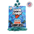 Good Candy Blue Razz low sugar sour gummy candy bag with gummies spilling from the top and piled in front, featuring a Made in USA badge