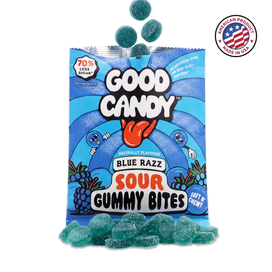 Good Candy Blue Razz low sugar sour gummy candy bag with gummies spilling from the top and piled in front, featuring a Made in USA badge