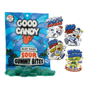 Good Candy Blue Razz low sugar sour gummy candy bag with green sour gummies in front, featuring 70% less sugar, no artificial dyes, no seed oils, and non-GMO callouts