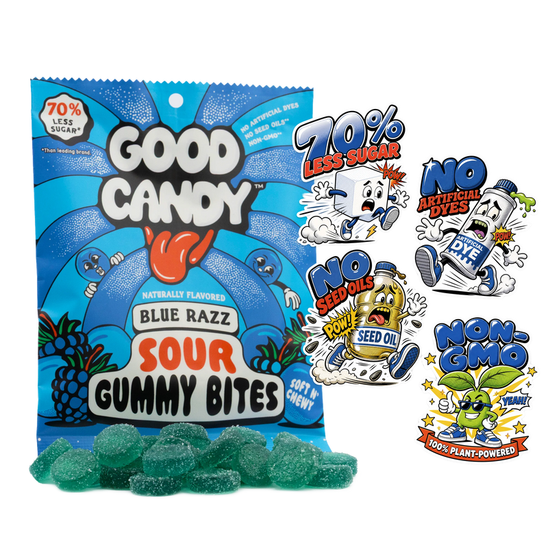 Good Candy Blue Razz low sugar sour gummy candy bag with green sour gummies in front, featuring 70% less sugar, no artificial dyes, no seed oils, and non-GMO callouts