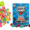 Good Candy Blue Razz low sugar sour gummy candy bag labeled 70% less sugar, with colorful gummy rings and worms scattered beside the package