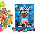 Good Candy blue razz bag of blue raspberry sour candy with teal gummies, raspberries, and blueberries, beside assorted colorful sour candies