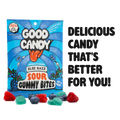 Good Candy Blue Razz low sugar sour gummy candy bag beside loose red, purple, and blue sour gummies, with text reading 'Delicious Candy That's Better For You!'