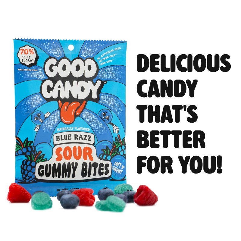 Good Candy Blue Razz low sugar sour gummy candy bag beside loose red, purple, and blue sour gummies, with text reading 'Delicious Candy That's Better For You!'