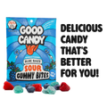 Good Candy blue razz bag with teal gummies, raspberries, and blueberries beside the words Delicious candy that's better for you, a healthier sour candy