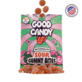 Good Candy Watermelon low sugar sour gummy candy bag with gummies spilling from the top and piled in front, featuring a Made in USA badge