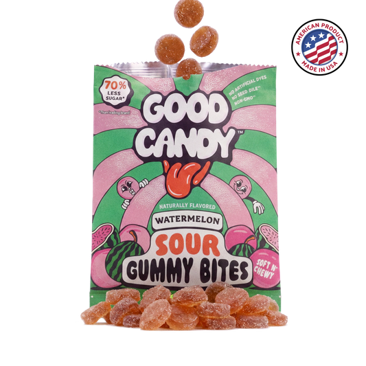 Good Candy Watermelon low sugar sour gummy candy bag with gummies spilling from the top and piled in front, featuring a Made in USA badge