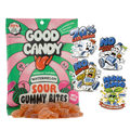 Good Candy Watermelon low sugar sour gummy candy bag with orange sour gummies in front, featuring cartoon icons for 70% less sugar, no artificial dyes, no seed oils, and non-GMO