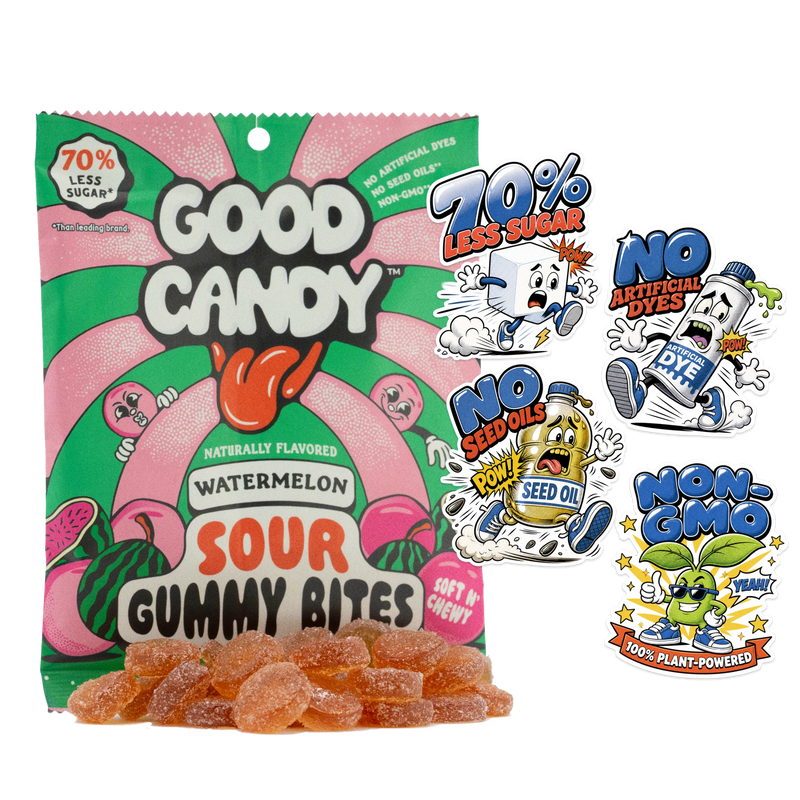 Good Candy Watermelon low sugar sour gummy candy bag with orange sour gummies in front, featuring cartoon icons for 70% less sugar, no artificial dyes, no seed oils, and non-GMO