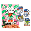 Good Candy watermelon bag with orange sugar-coated non-GMO gummy candy and stickers reading 70% less sugar, no artificial dyes, no seed oils, and non-GMO