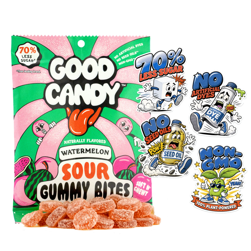 Good Candy watermelon bag with orange sugar-coated non-GMO gummy candy and stickers reading 70% less sugar, no artificial dyes, no seed oils, and non-GMO