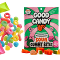 Good Candy Watermelon low sugar sour gummy candy bag beside colorful gummy worms, rings, and watermelon-shaped candy pieces on a white background