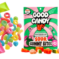Good Candy watermelon bag of watermelon sour candy with sugar-coated gummies and watermelon chunks, beside assorted colorful sour candies