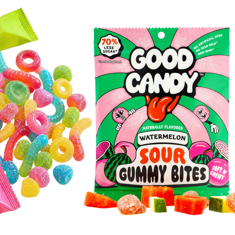 Good Candy watermelon bag of watermelon sour candy with sugar-coated gummies and watermelon chunks, beside assorted colorful sour candies