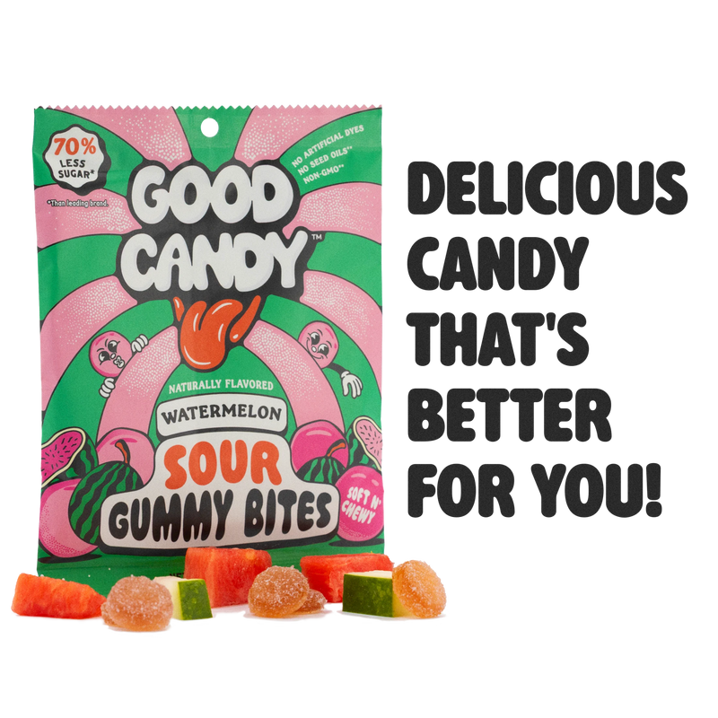 Good Candy Watermelon low sugar sour gummy candy bag beside loose orange and green sour gummies, with text reading 'Delicious Candy That's Better For You!'