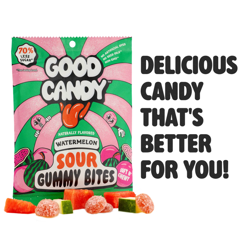 Good Candy watermelon bag of low sugar sour gummies with watermelon pieces beside the words Delicious candy that's better for you