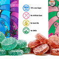 Teal and red low sugar gummies in front of Good Candy bags, with icons for 70% less sugar, no artificial dyes, no seed oils, and non-GMO