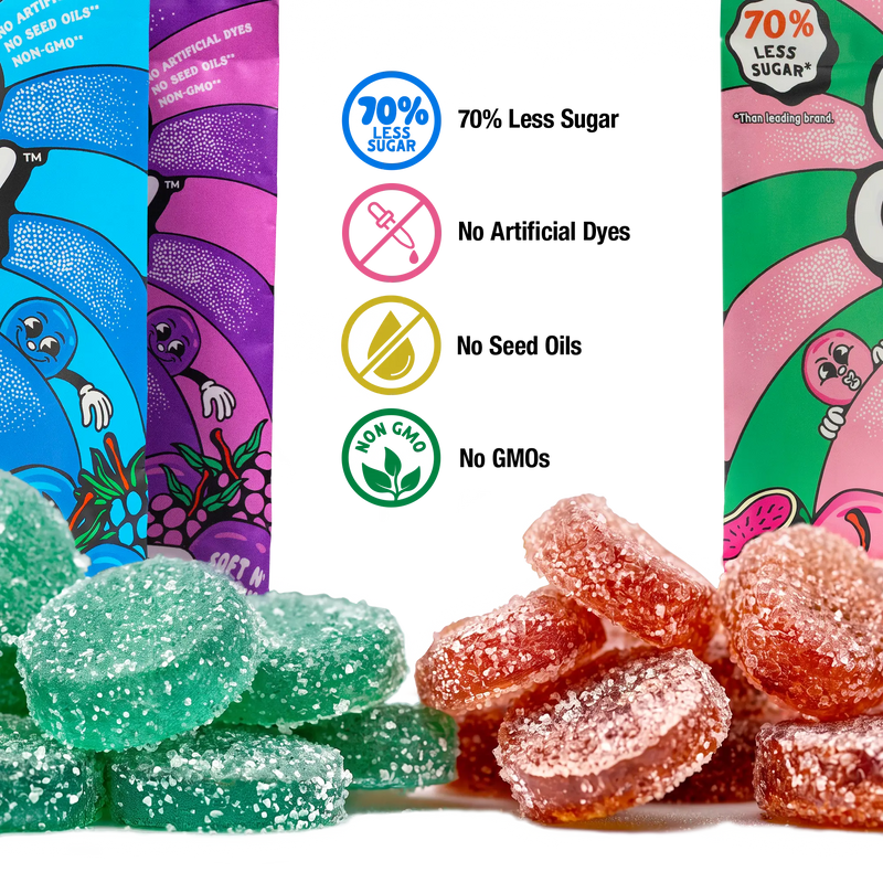 Teal and red low sugar gummies in front of Good Candy bags, with icons for 70% less sugar, no artificial dyes, no seed oils, and non-GMO