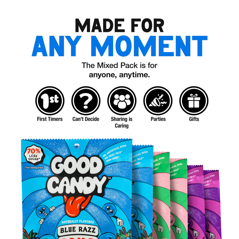 Sour candy variety pack of blue razz, watermelon, and grape bags under the headline Made for any moment, with icons for first timers, can't decide, sharing, parties, and gifts
