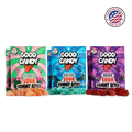 Six Good Candy bags of low sugar sour gummy bites in watermelon, blue razz and grape, with gummies spilled in front.