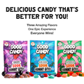 Grape, blue razz, and watermelon bags of Good Candy low sugar sour candy with gummies and fruit, under the headline Delicious candy that's better for you