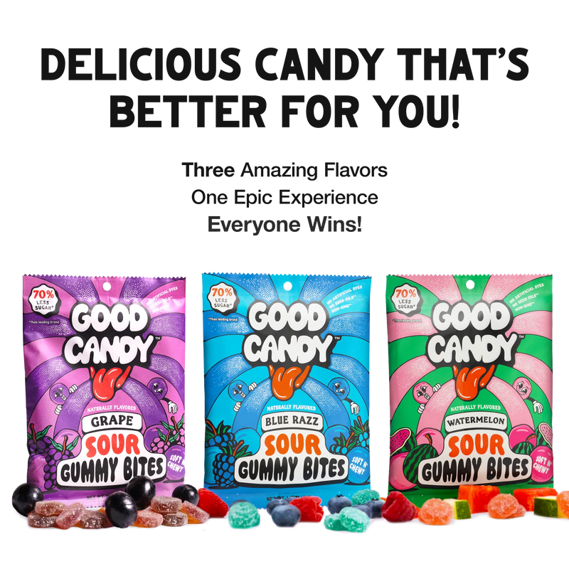 Grape, blue razz, and watermelon bags of Good Candy low sugar sour candy with gummies and fruit, under the headline Delicious candy that's better for you