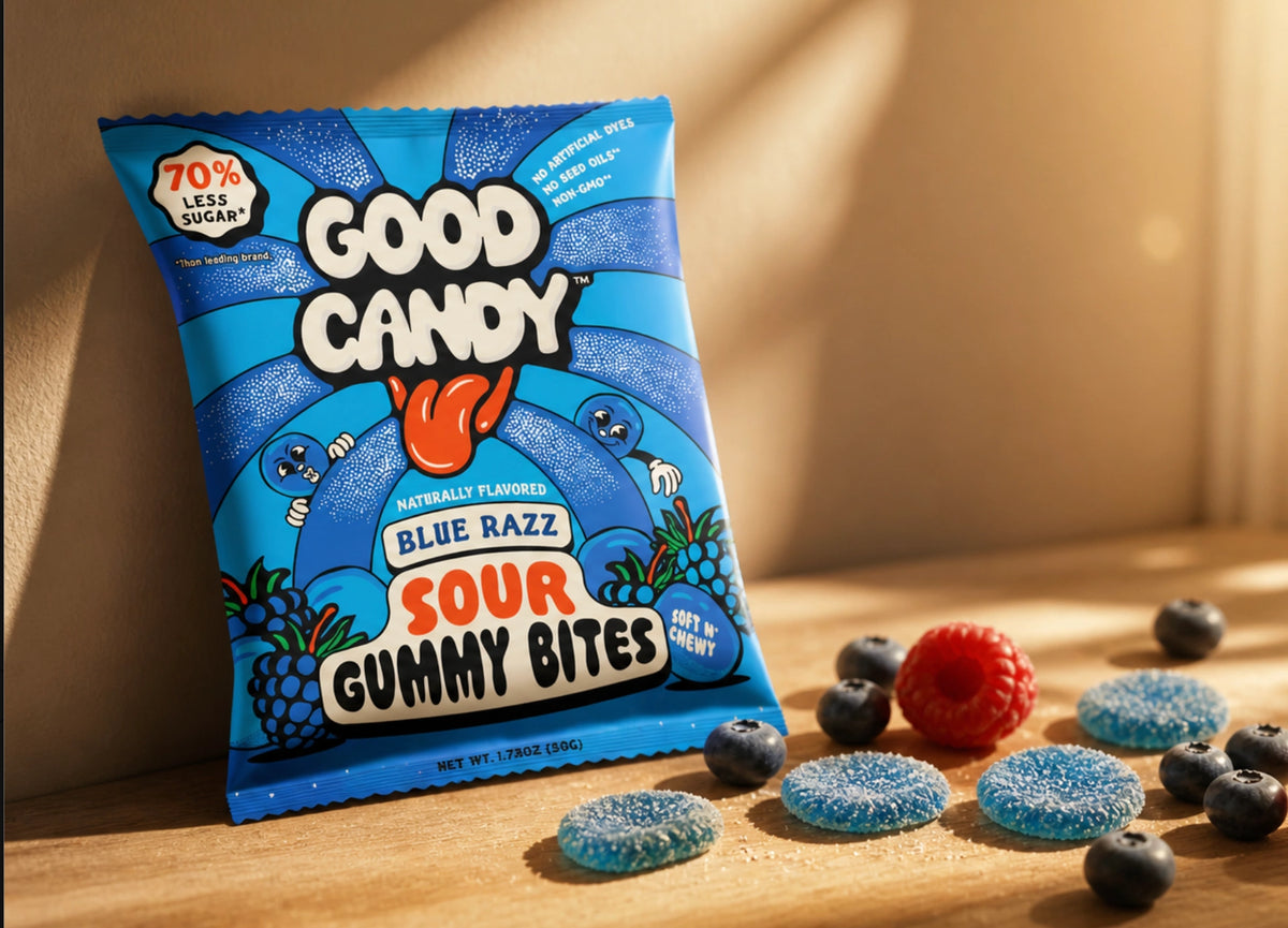 Blue Razz Sour Gummy Bites bag with 70% less sugar, sugared gummies and berries alongside.